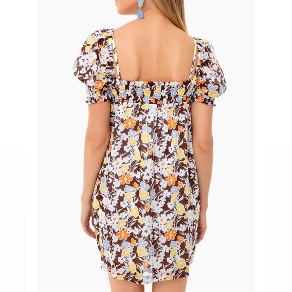 Tory Burch Floral Puff Sleeve Dress - White, Yellow, Brown - Picture 3 of 11